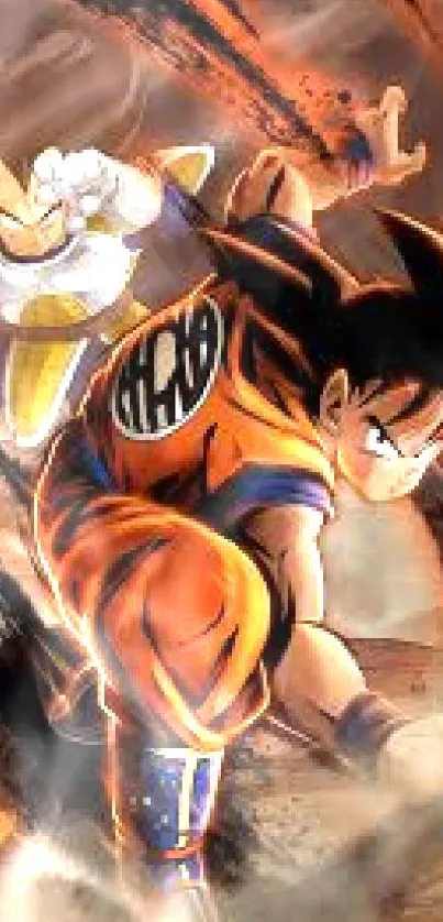 Animated characters in dynamic battle pose with vibrant orange hues and action.