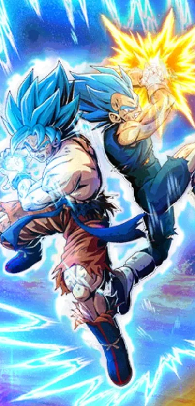 Dynamic anime battle scene with blue and yellow energy bursts.