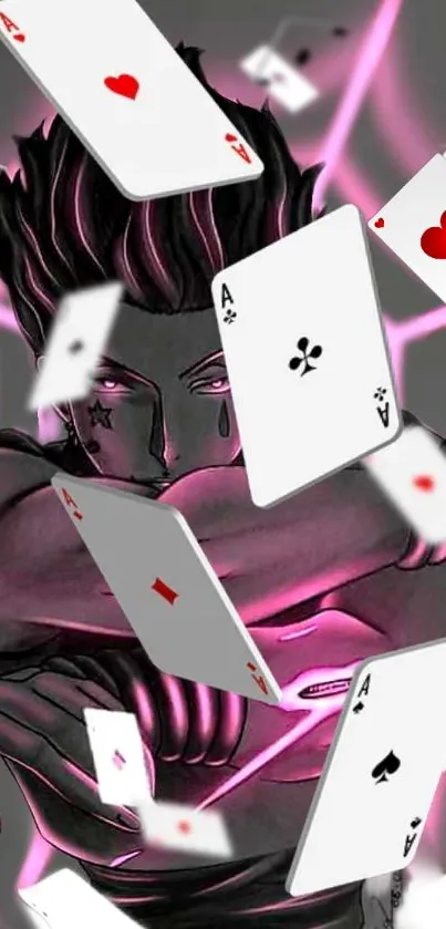 Anime character with floating playing cards on a vibrant background.