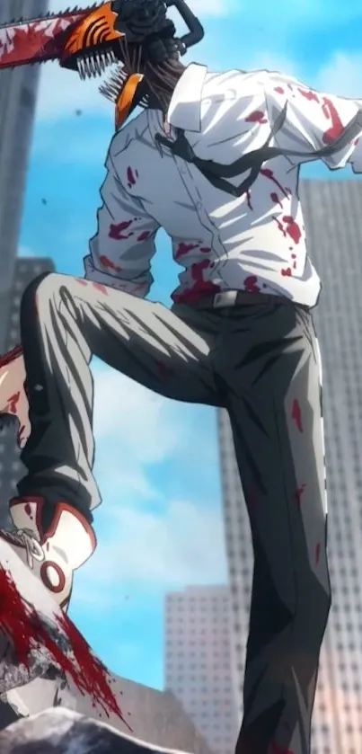 Anime character with chainsaw against a city backdrop.