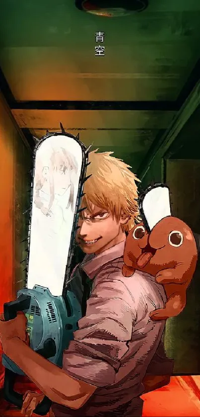 Dynamic anime wallpaper featuring a character with a chainsaw in a dark hallway.