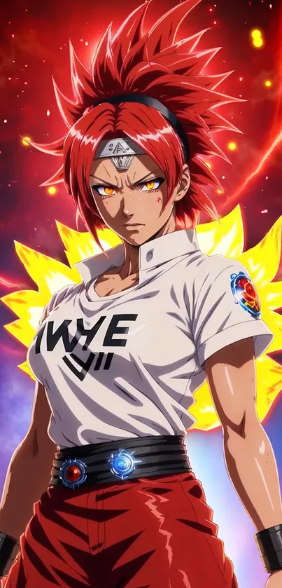 Bold anime character with vibrant red and dynamic energy background.