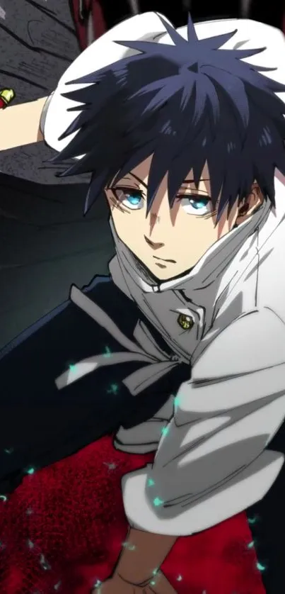 Anime character with blue eyes and black hair, dynamic pose.