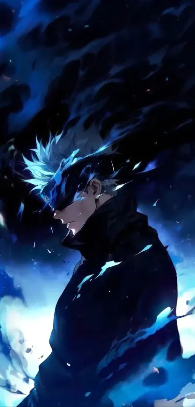 Anime character with blue energy aura in dynamic art style.