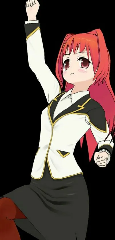 Anime character with red hair and dynamic pose on black background.