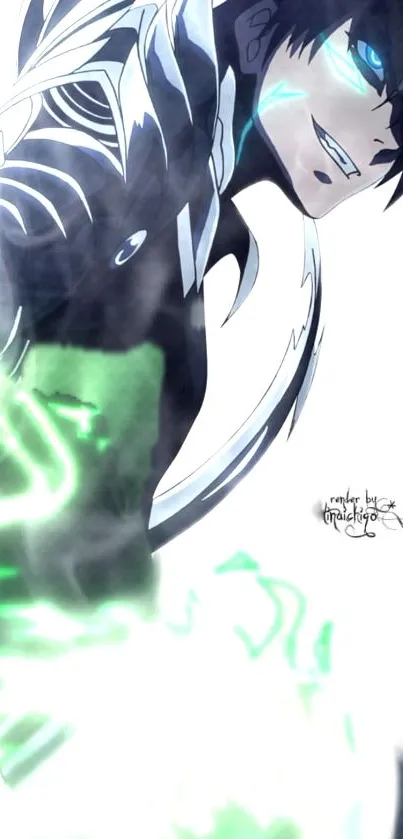 Anime character with glowing design in black and green hues.