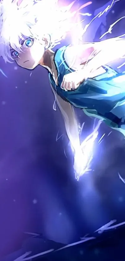 Anime character with electric energy on a dark blue background.