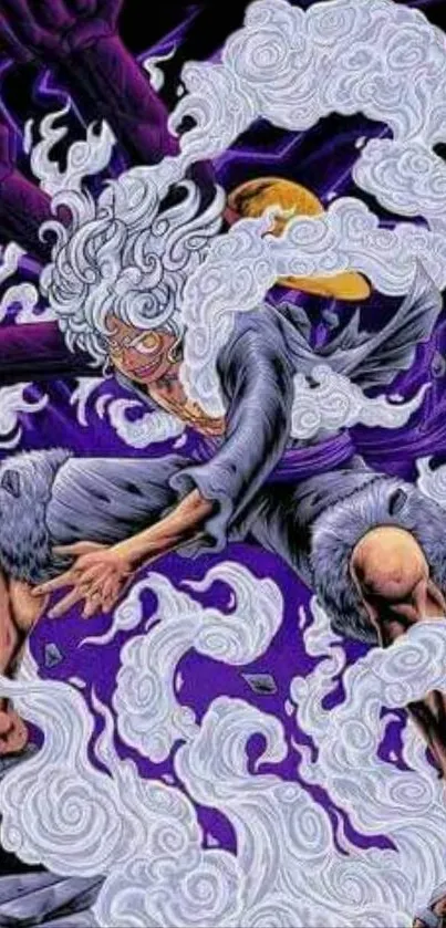 Anime character in purple backdrop with swirling clouds.