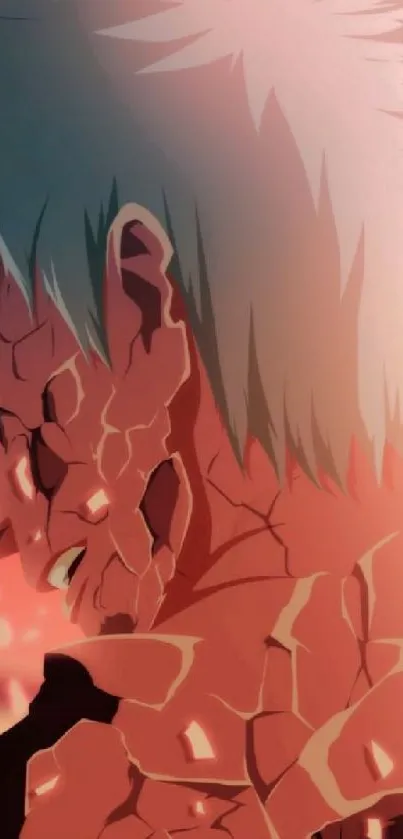 Anime character with cracked skin in vibrant orange tones.