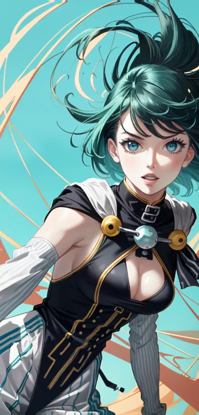 Dynamic anime character with turquoise background.