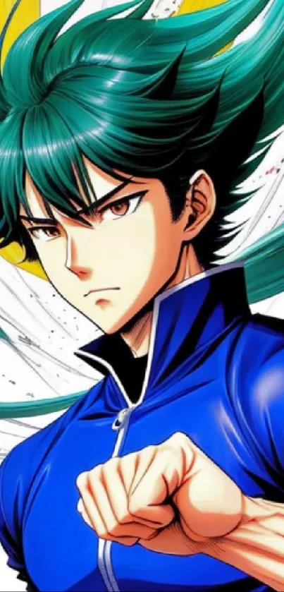 Anime character with green hair wearing a blue outfit in an energetic pose.