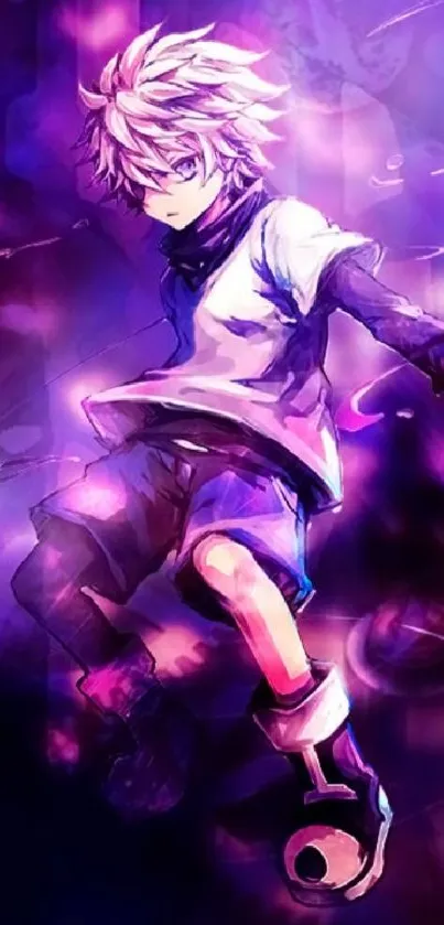 Dynamic anime character with a vibrant purple background.