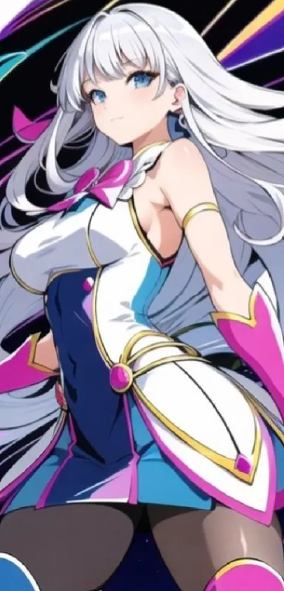 Anime character with long white hair and vibrant attire in dynamic pose.