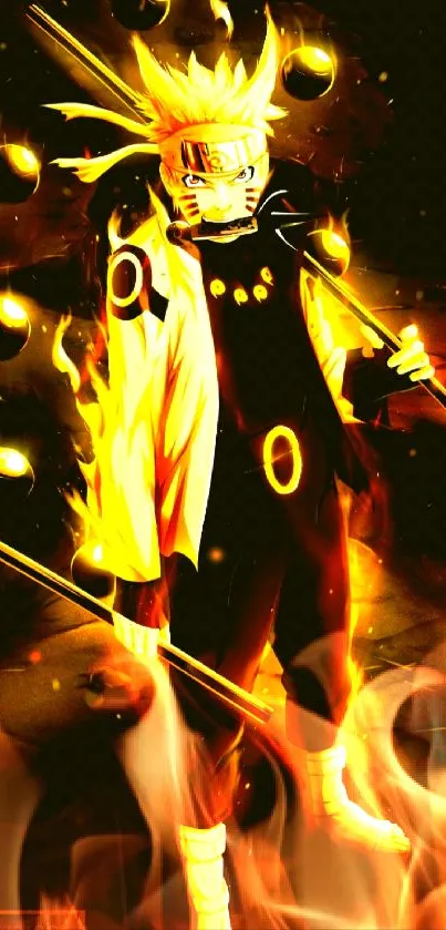 Anime character in vibrant yellow aura with dark background.