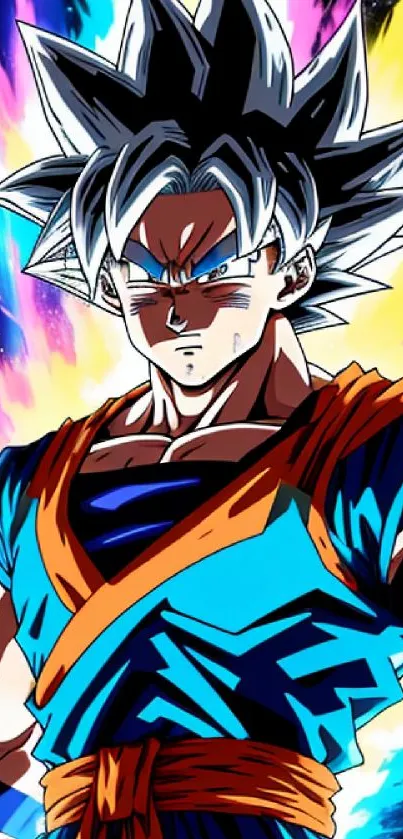 Anime character with spiky hair and vibrant aura in dynamic artwork.