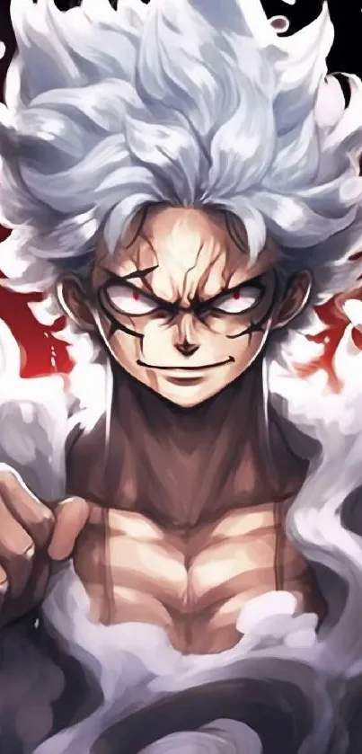 Anime character with white hair and fiery background, intense expression.