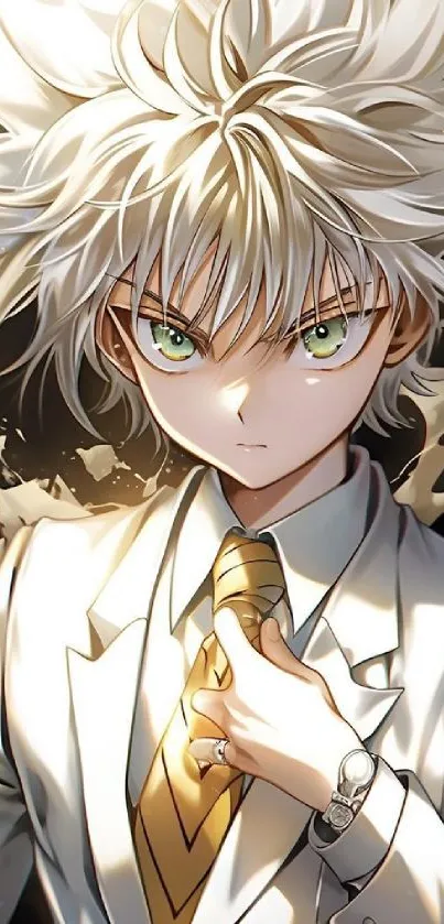 Anime character with spiky hair and white suit, vibrant style.