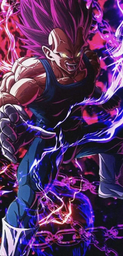 Energetic anime character with purple glow and chains.