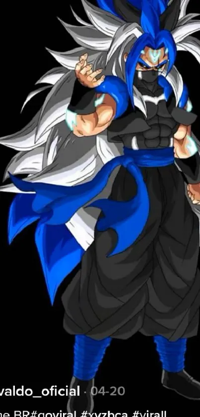 Vibrant anime character with striking blue and black colors on a dark background.