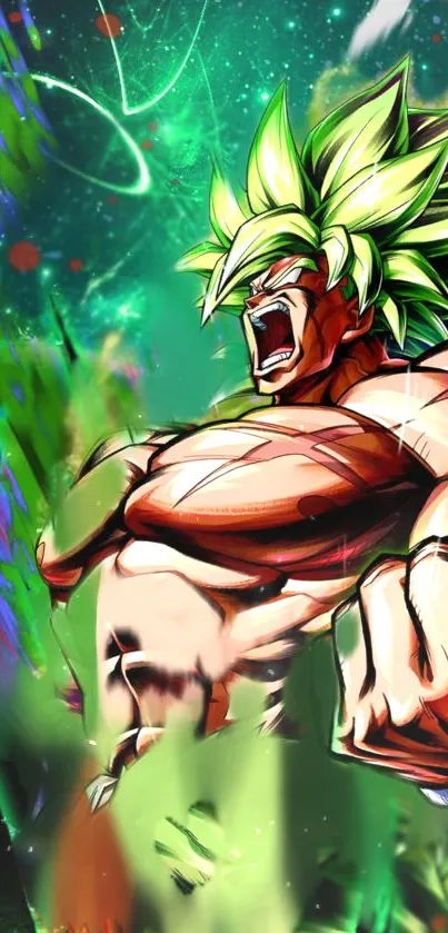 Anime character illustration with vibrant green hues and strong dynamic pose.