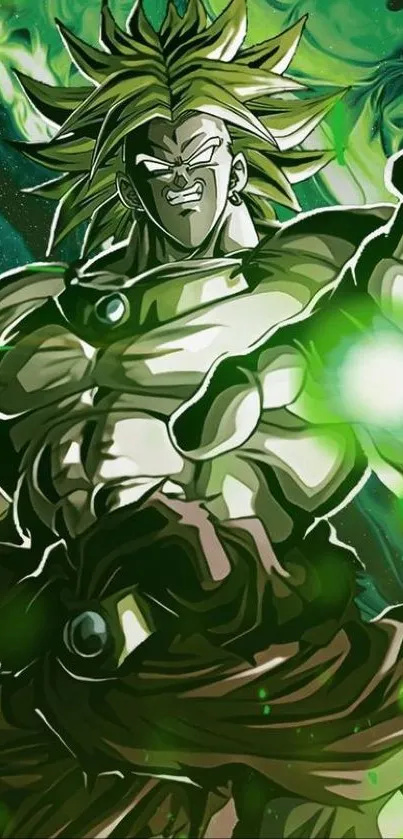 Energetic anime character with green aura shining.