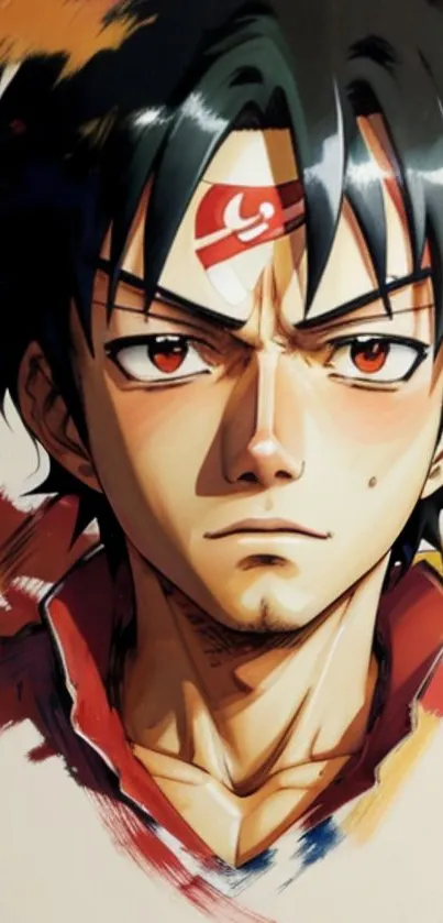 Anime character with black hair and red band on forehead, intense expression.