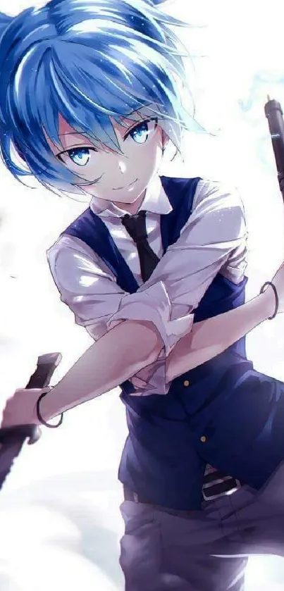 Anime character with blue hair and weapons in a dynamic pose.