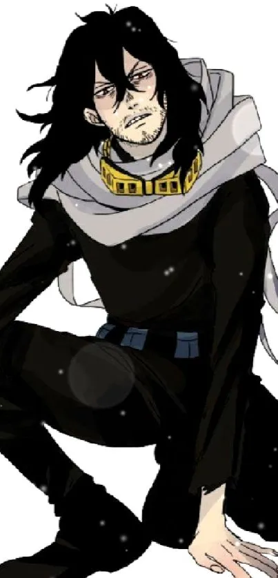 Anime character in black outfit with flowing hair on a white background.