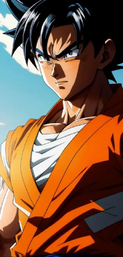 Vibrant anime character in orange outfit against a sunny backdrop.