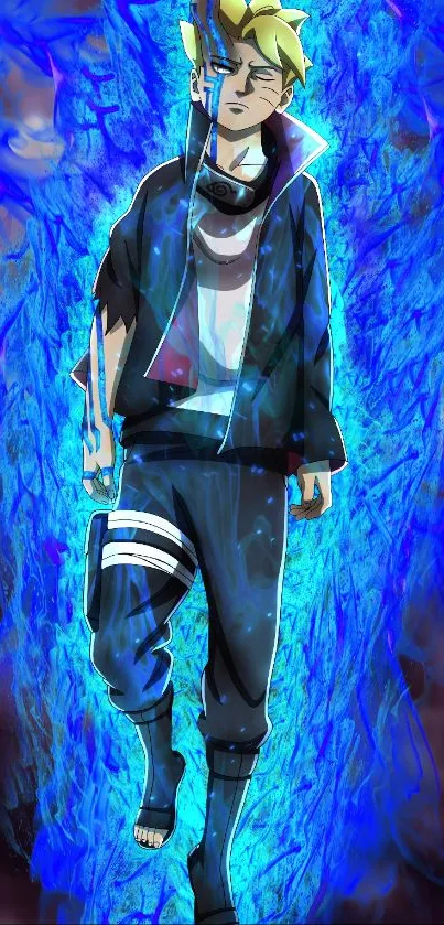 Anime character with blue aura on a cloudy background wallpaper.