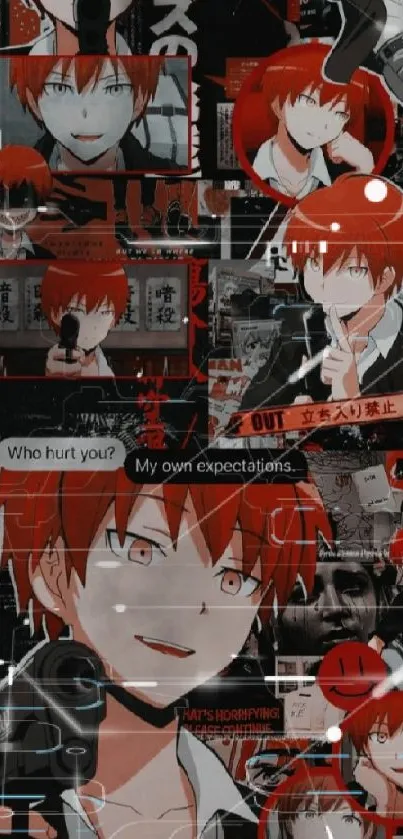 Dynamic red and black anime character collage wallpaper.