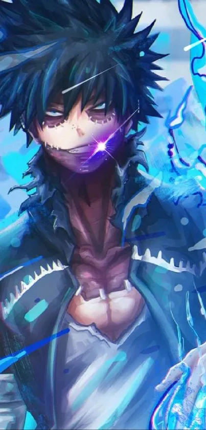 Anime character with electric blue design in vibrant dynamic style.