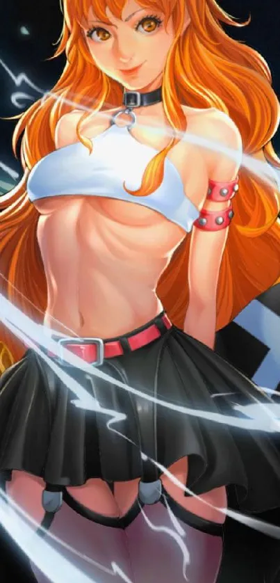 Dynamic anime character with fiery orange hair and electric effects.