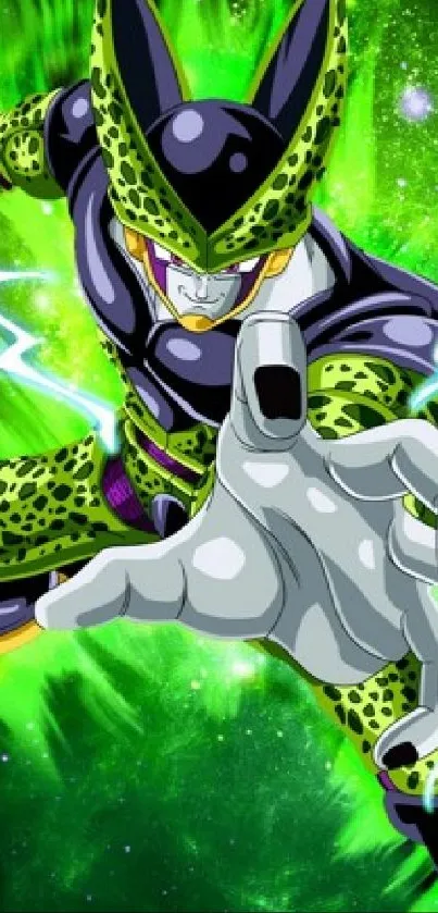 Dynamic anime character with vibrant green energy background.