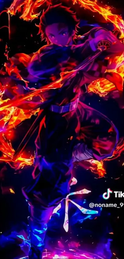 Anime character surrounded by vibrant flames, creating a dynamic fiery scene.