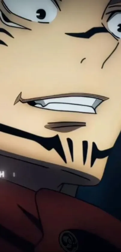 Anime character with unique facial markings, intense design.