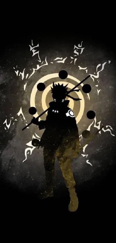 Anime character silhouette with mystical symbols and a dark celestial background.