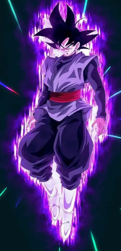 Anime character with purple aura and dynamic pose in dark background.