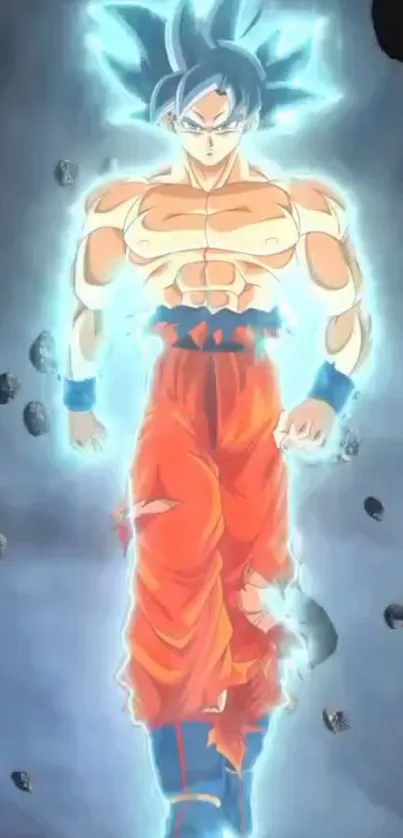 Dynamic anime character with blue aura and orange outfit.