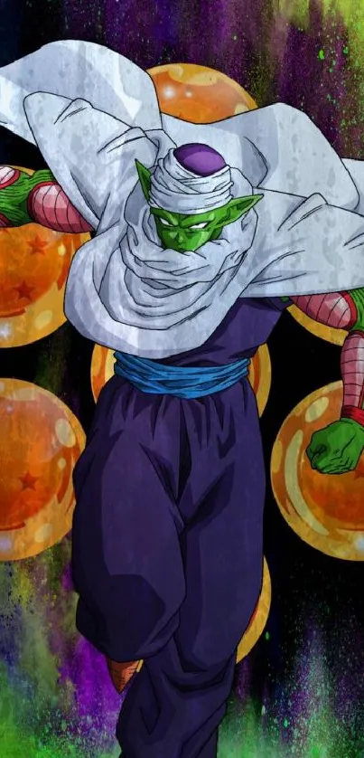 Green anime warrior with mystical spheres and colorful background.