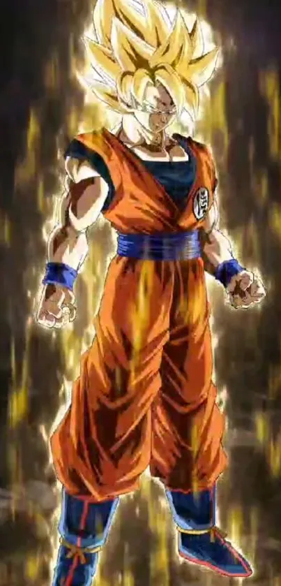 Anime character with golden aura and orange outfit, generating dynamic energy.