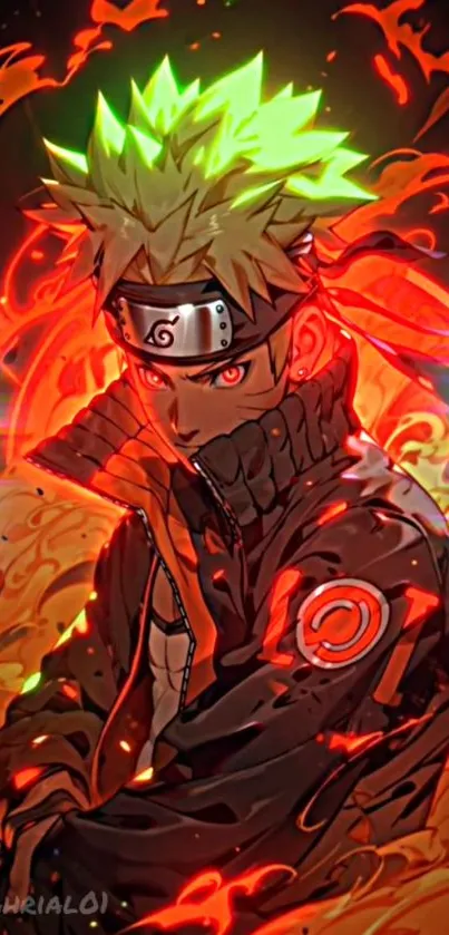 Dynamic anime character with fiery orange background, glowing energy.