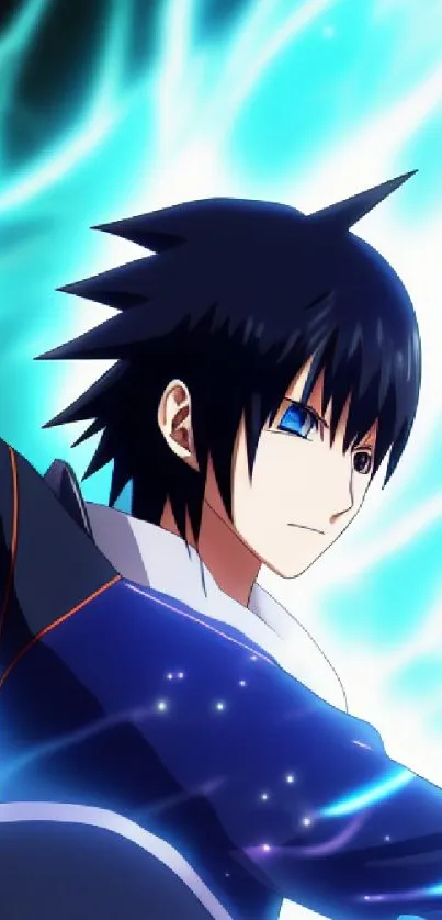 Anime character with dynamic energy and vibrant blue light.