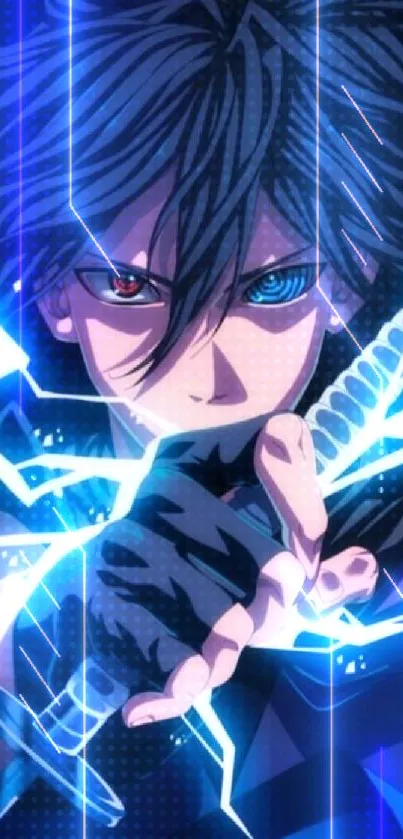 Anime character with sword and glowing blue lightning.