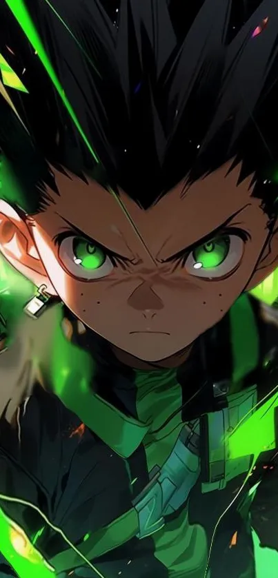 Anime character with green energy and determined expression.