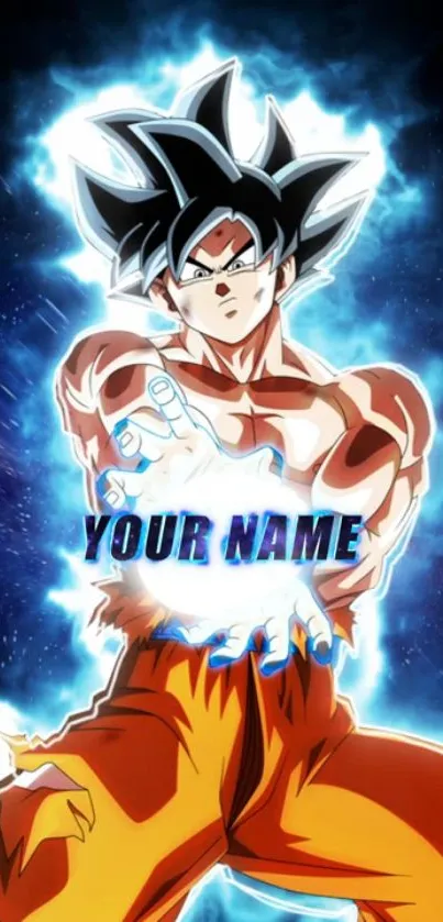 Animated warrior with blue energy aura and customizable text on mobile wallpaper.