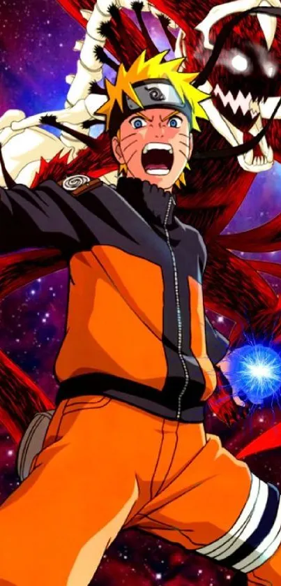 Energetic anime hero in a vibrant red theme with dynamic background.