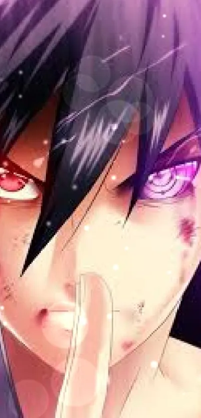 Intense anime character with striking eyes and vibrant colors on a mobile wallpaper.