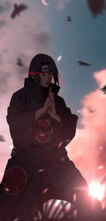 Anime character with dark cloak amidst dramatic sky and crows.