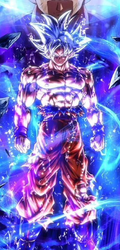 Anime character with a radiant blue and purple energy aura.